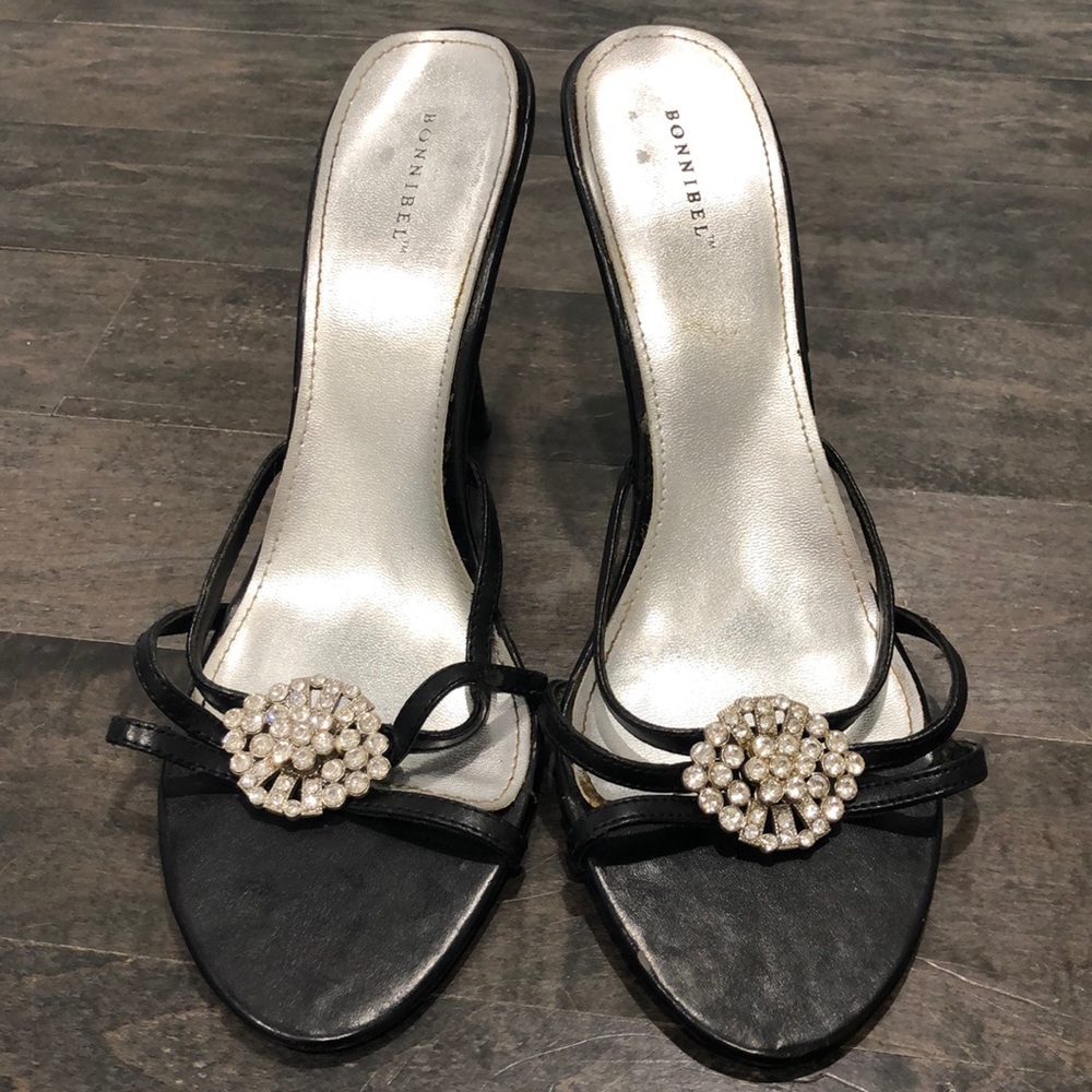 Black jeweled open toed heels